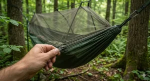 Step-by-step visual guide on how to hang a hammock with mosquito net properly.