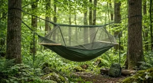 A hammock with mosquito net featuring a spreader bar for a flatter, more comfortable lay.