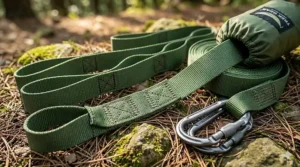 Durable polyester hammock straps with reinforced stitching.