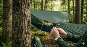 Illustration showing the step-by-step process of attaching a rain fly to a hammock ridgeline.