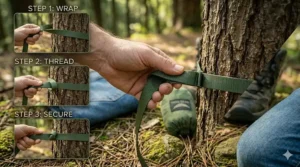 Step-by-step diagram of wrapping hammock straps around a tree.