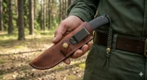 A versatile camping knife securely stored in a rugged leather belt sheath.