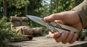 Demonstrating the quick one-handed blade access on a Leatherman multi-tool.
