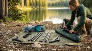 Lightweight aluminum hammock stand for camping disassembled in a travel bag.