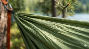 A close-up view of high-quality parachute nylon fabric used in a compact, portable camping hammock.