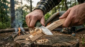 A camping enthusiast using a Mora knife to create fine wood shavings for fire starting at a wilderness campsite.