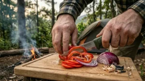 Using a sharp Mora knife to slice vegetables and prepare a meal on a portable camping cutting board.