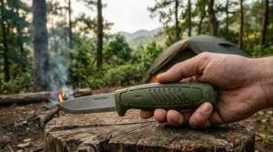 Side profile of a textured rubber grip on a Mora knife designed for safe and steady handling in wet camping conditions.