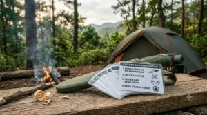 Graphic illustration of safety precautions for handling and storing a Mora knife during camping trips.