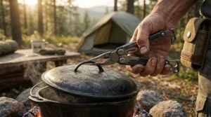 Using the needle-nose pliers on a multi-tool for camping to handle a hot pot lid over a campfire.
