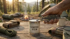 Using the integrated can opener on a multi-tool for camping to prepare food during an off-grid excursion.
