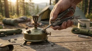 A multi-tool for camping being used to tighten a loose screw on a portable camping stove component.