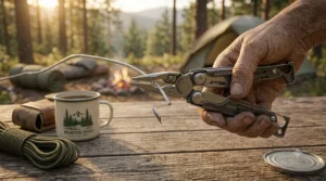 A high-leverage wire cutter feature on a heavy-duty multi-tool for camping used for gear modifications.