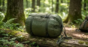 A compact travel bag containing a foldable hammock with mosquito net for hiking.