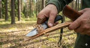 Demonstrating the proper way to use a camping knife to safely carve wood.