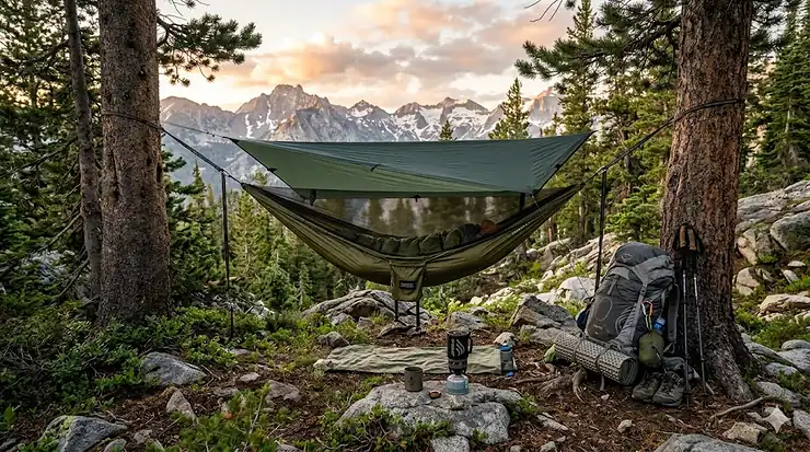 A compact ultralight hammock for backpacking set up between two pine trees in a mountain forest.