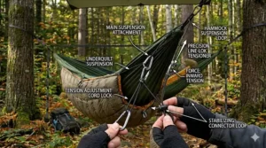 Close-up of shock cord and suspension hooks used to attach an underquilt to a hammock.