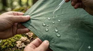 Close-up illustration of water beading off a high-quality, waterproof ripstop fabric hammock rain fly.