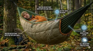 A water-repellent outer shell of an underquilt protecting against morning dew.