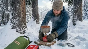 A camper preparing a hot, calorie-dense meal on a portable stove in a snowy campsite.