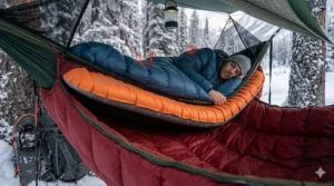 A thermal sleeping pad positioned inside a hammock for extra winter ground-chill protection.