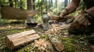 A sharp best camping hatchet being used to carve kindling in a camp setup.