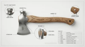 Labeled diagram showing the head, handle, and blade of the best camping hatchet.