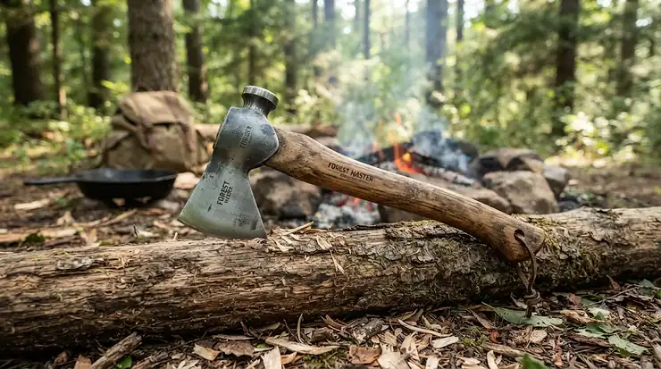 A durable best camping hatchet resting on a wooden log in a forest setting.