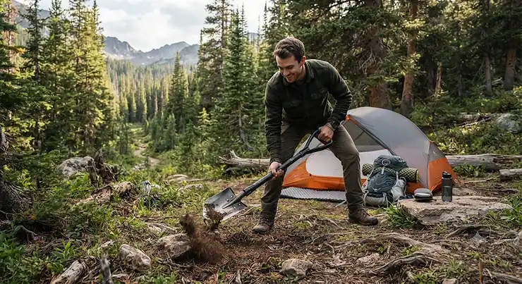 A durable camping shovel being used to clear a campsite in the American backcountry.