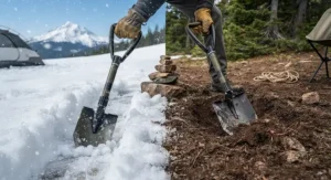 An all-season camping shovel shown effective for digging in both packed snow and loose dirt.