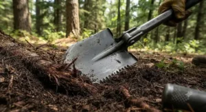 Close-up of the best camping shovel featuring a sharp serrated edge for cutting roots.