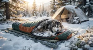 A dog sleeping bag featuring extra insulation for warmth during winter camping.