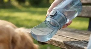Close-up of a leak-proof portable dog water bottle showing the lock button and wide-trough drinking bowl.