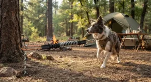 A spring-loaded shock-absorbing dog tie out for camping that reduces sudden yank impact for active dogs.