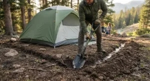 Using the best camping shovel to dig a small water drainage trench around a family tent.