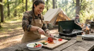 A person using a versatile camp kitchen knife to prepare a meal outdoors over a picnic table.