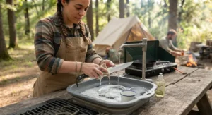 A person carefully washing a camp kitchen knife after preparing a campsite dinner.