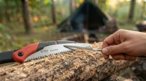 Properly cleaning sap and debris from a Silky saw blade after use.