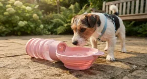 A pink collapsible portable dog water bottle expanded for drinking next to a small terrier dog.