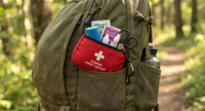 Compact canine first aid kit packed inside a hiking backpack side pocket