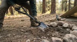 A high-quality folding camping shovel fully extended for digging a fire pit.