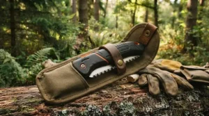 A compact, folded folding saw for camping placed next to a backpack for scale.