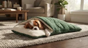 A small dog curled up inside a cozy dog sleeping bag on a living room rug.