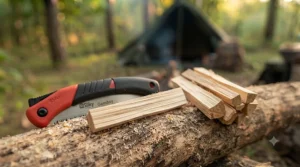 A Silky saw making a clean, fast cut through thick, dry camping firewood.