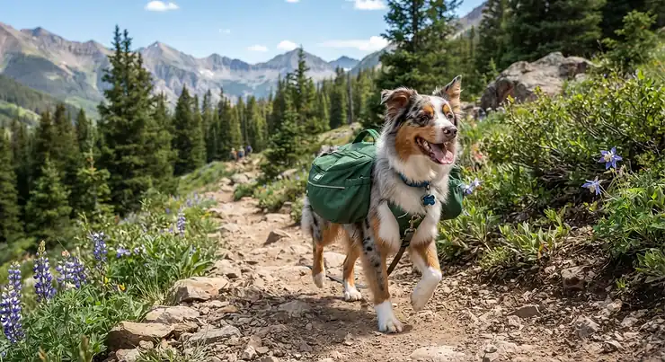 A happy dog wearing a durable dog backpack for hiking on a sunny mountain trail.