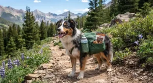 Active dog carrying its own water bottles and treats in a heavy-duty dog backpack for hiking.