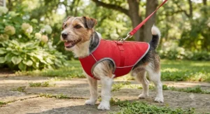 A small terrier wearing a red dog cooling vest featuring an integrated leash attachment D-ring.