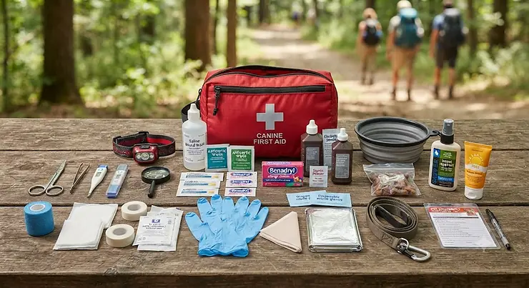 Complete dog first aid kit essentials laid out on a wooden table for a hiking trip
