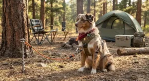 An Australian Shepherd wearing a sturdy harness attached to a secure dog tie out for camping.