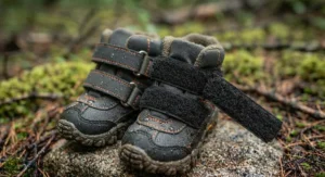 Close-up of secure hook-and-loop adjustable straps on a pair of protective dog hiking boots.